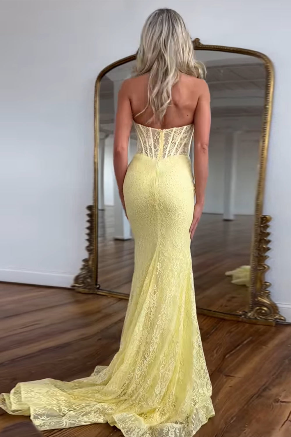Yellow Prom Dress Lace Mermaid Halter Corset Long Formal Dress