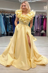 Yellow Prom Dress Ruffled A Line Long Formal Dress With Pockets