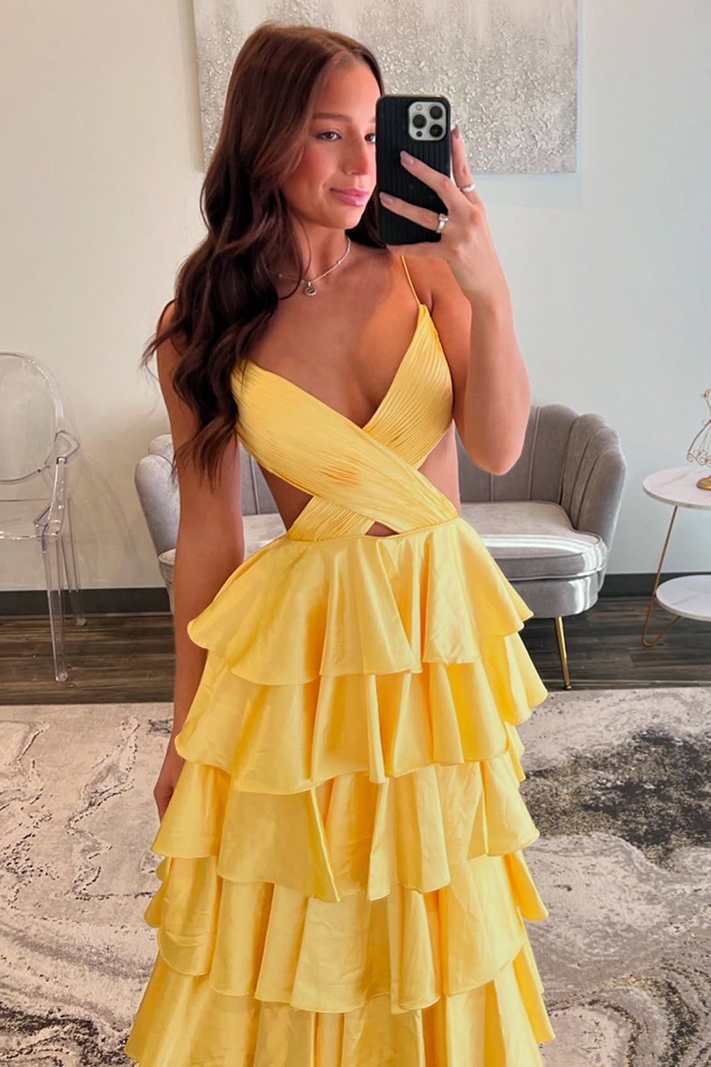 Yellow Prom Dress Ruffled Ruched Satin A Line Long Formal Dress