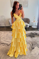 Yellow Prom Dress Ruffled Ruched Satin A Line Long Formal Dress