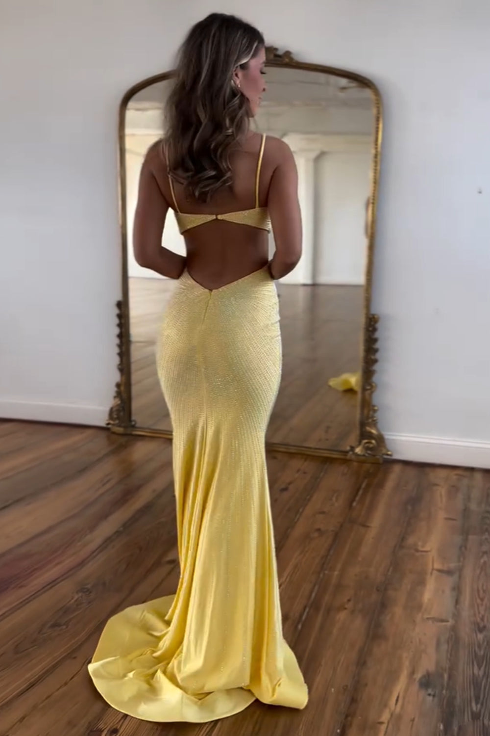 Yellow Prom Dress Spaghetti Straps Mermaid Hollow Out Satin Formal Dress