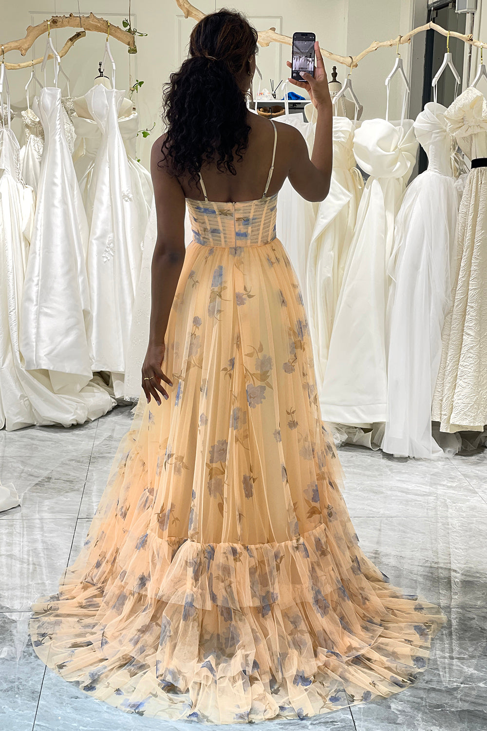 Yellow Prom Dress Tulle A Line Long Tiered Evening Dress