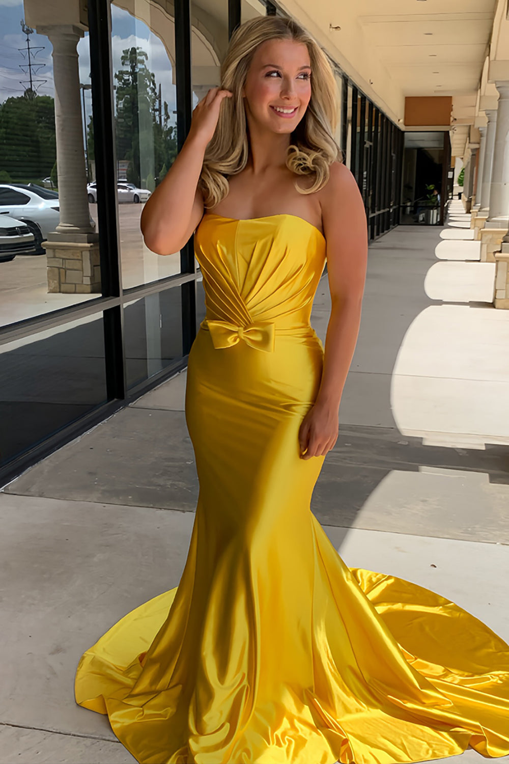 Yellow Prom Dress Wrap Ruched Corset Mermaid Long Formal Dress