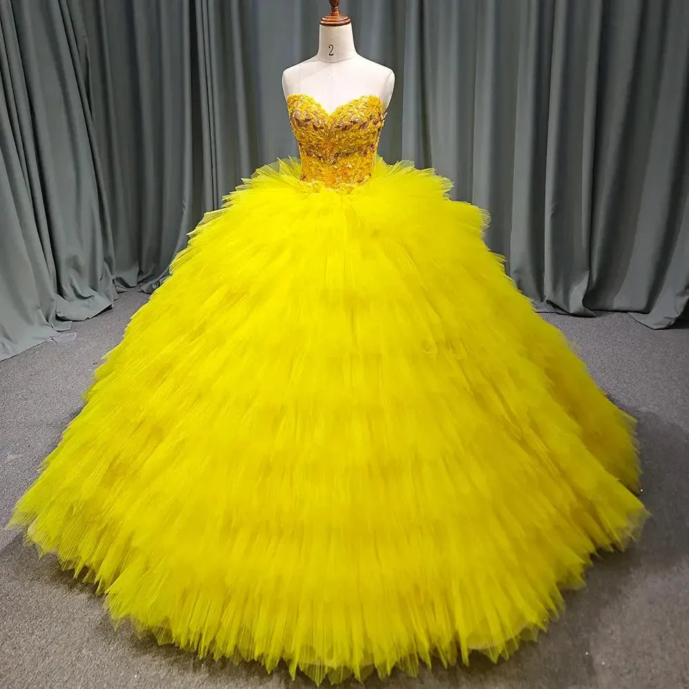 Yellow Quinceanera Dress Luxury Lace Party Dress Strapless Prom Ball Gown Quinceanera Gown