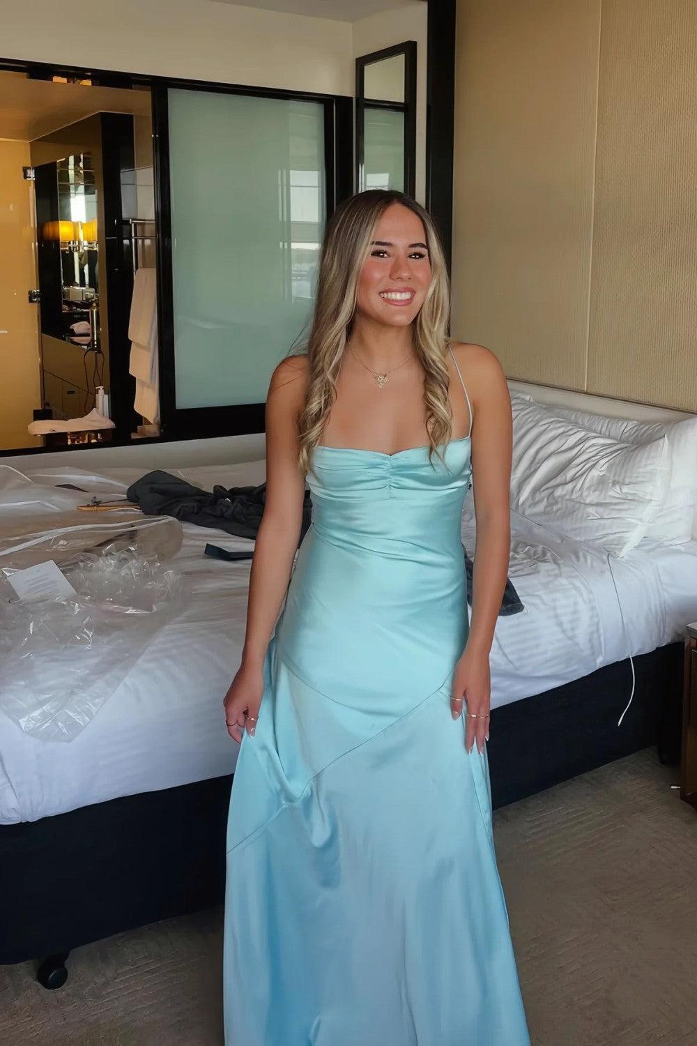 Dreamyannie Yellow Satin Spaghetti Straps Long Ruched Prom Dress With Slit Formal Evening Gown