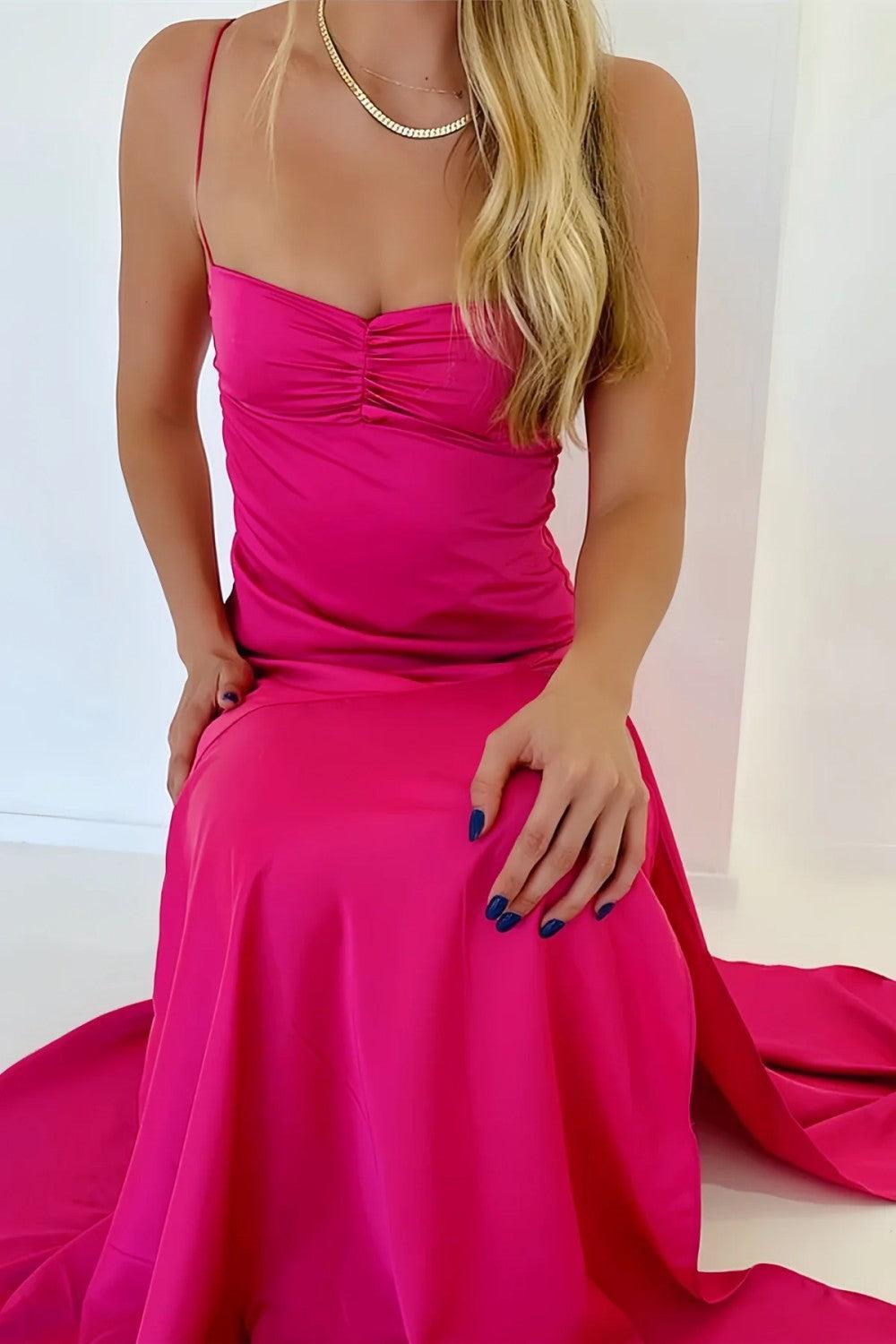 Dreamyannie Yellow Satin Spaghetti Straps Long Ruched Prom Dress With Slit Formal Evening Gown