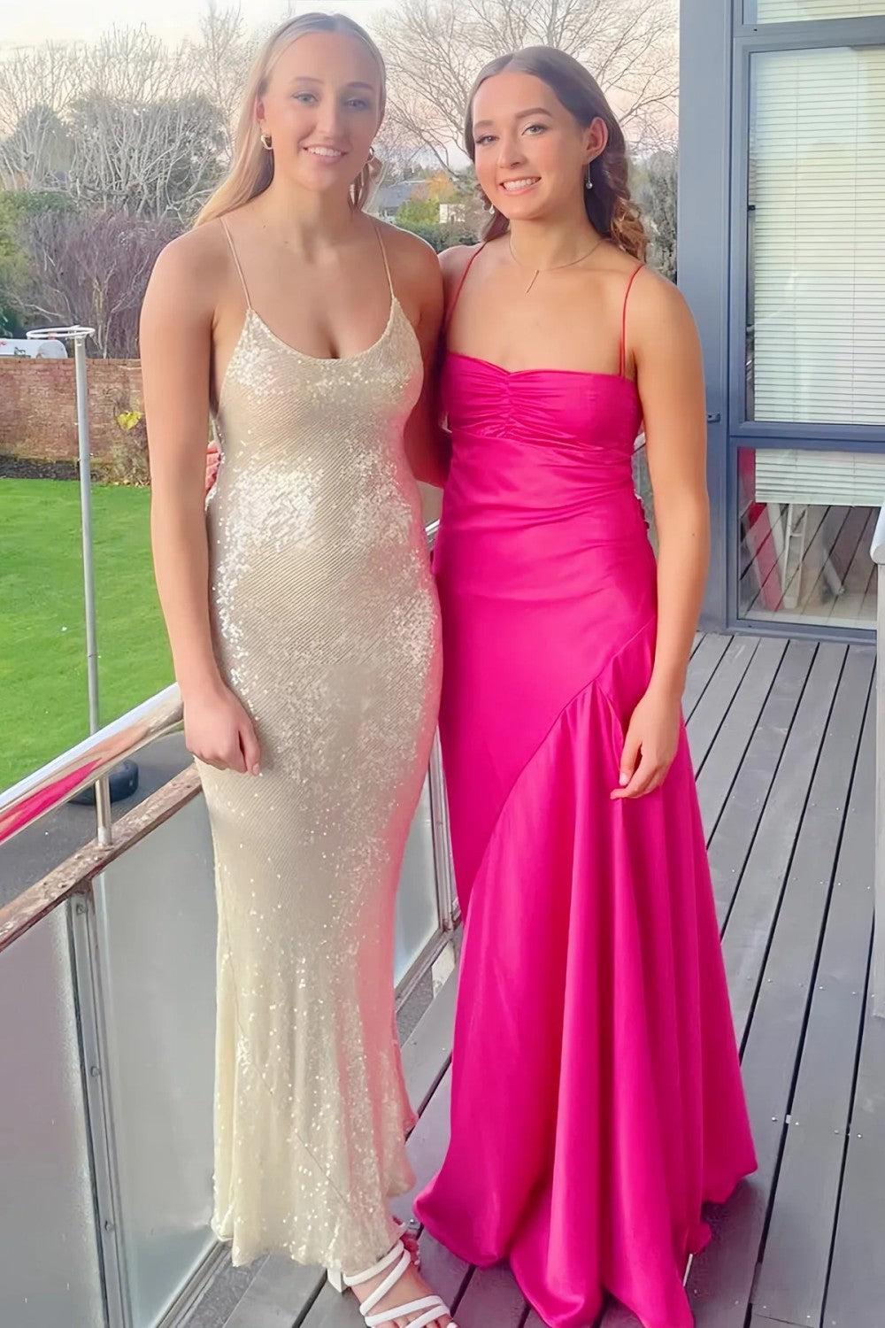 Dreamyannie Yellow Satin Spaghetti Straps Long Ruched Prom Dress With Slit Formal Evening Gown