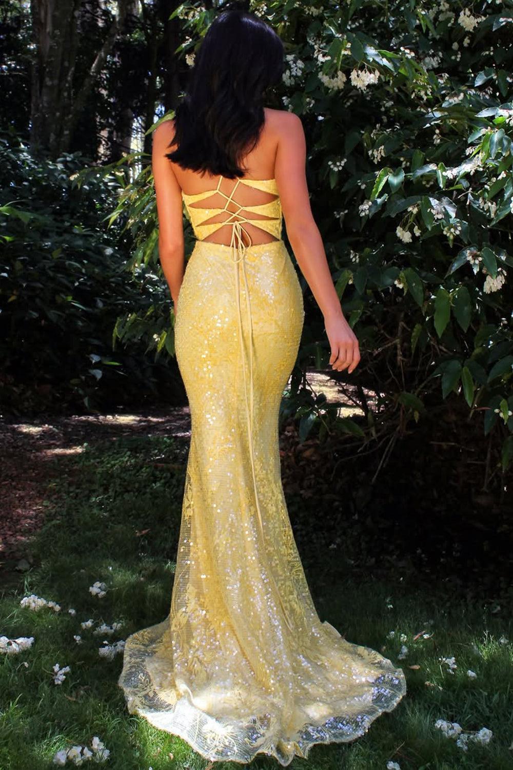 Yellow Sequin Strapless Mermaid Prom Dress With Crisscross Open Back Formal Evening Gown