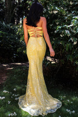 Yellow Sequin Strapless Mermaid Prom Dress With Crisscross Open Back Formal Evening Gown