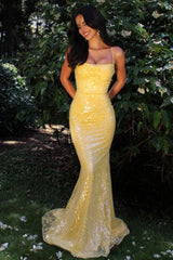 Yellow Sequin Strapless Mermaid Prom Dress With Crisscross Open Back Formal Evening Gown