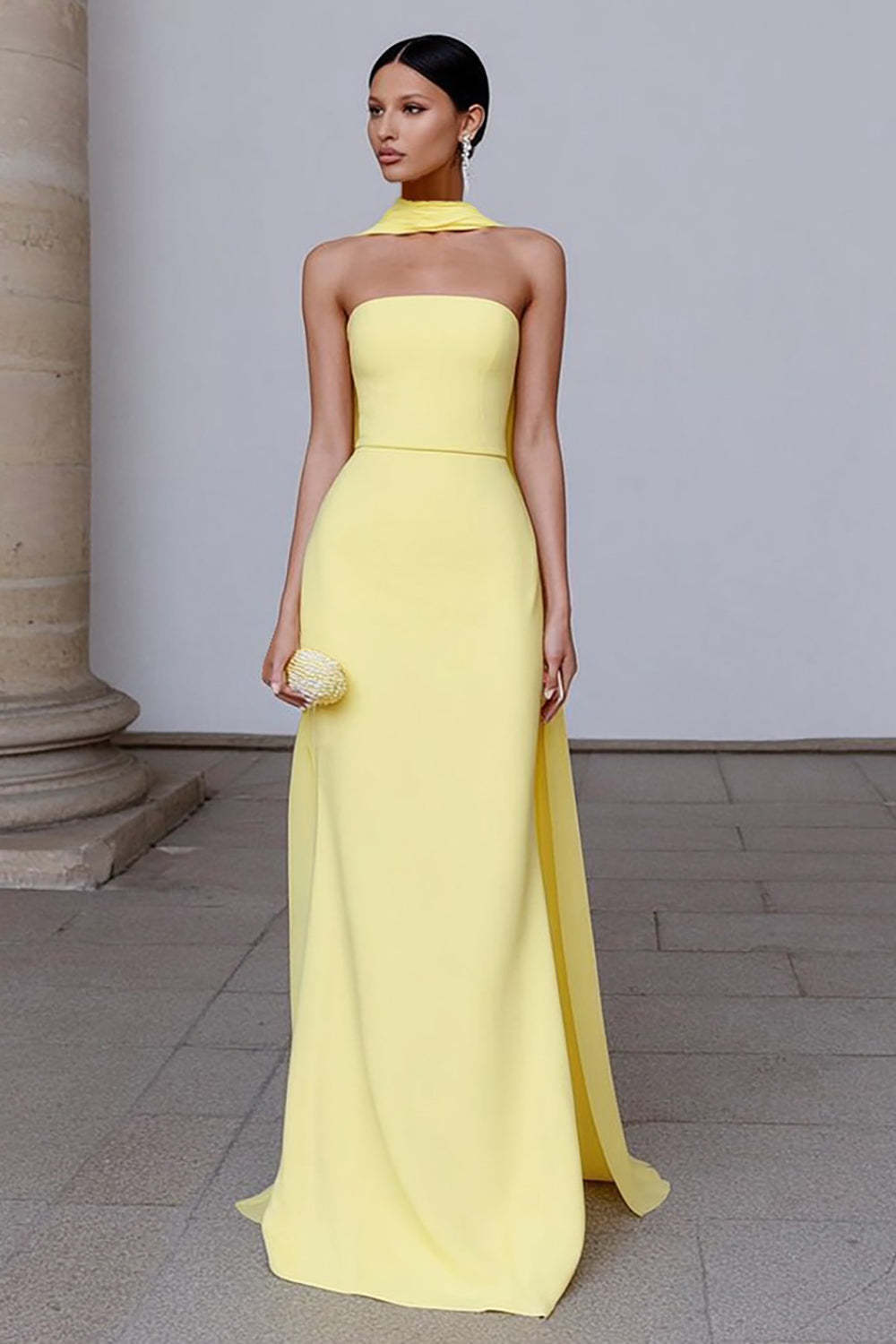 Yellow Sheath Neck Scarf Strapless Long Prom Dress With Slit