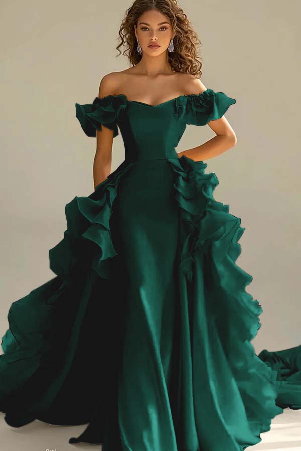 Yellow Sheath/Column Prom Dress Off the Shoulder Ruffled Evening Dress