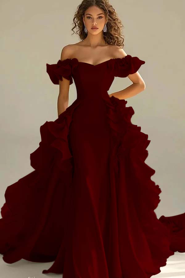 Yellow Sheath/Column Prom Dress Off the Shoulder Ruffled Evening Dress