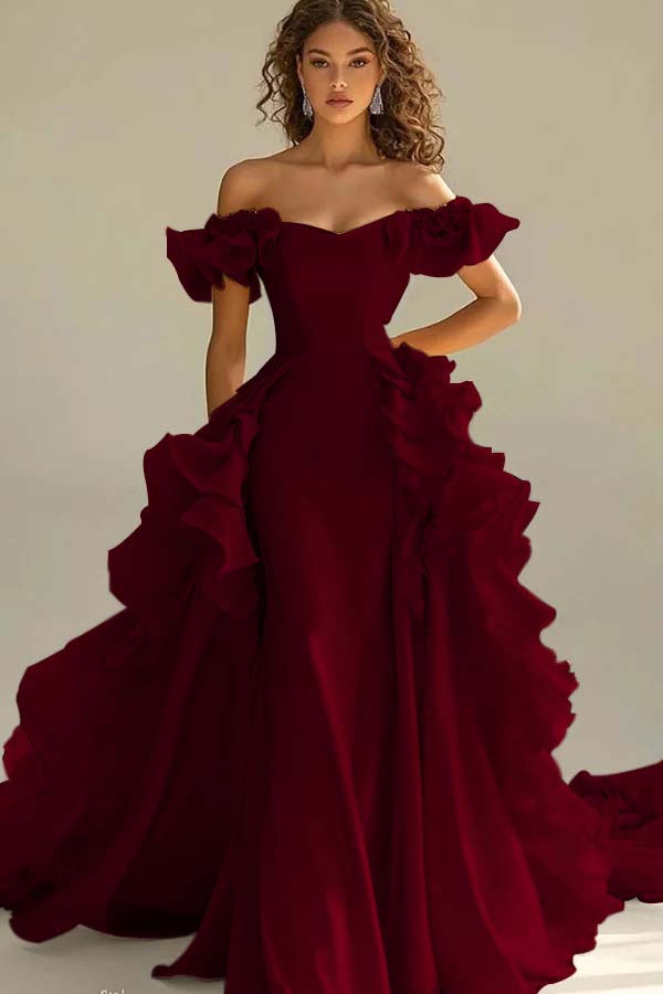 Yellow Sheath/Column Prom Dress Off the Shoulder Ruffled Evening Dress