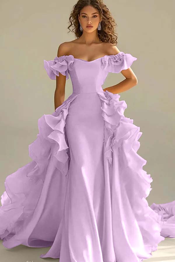 Yellow Sheath/Column Prom Dress Off the Shoulder Ruffled Evening Dress