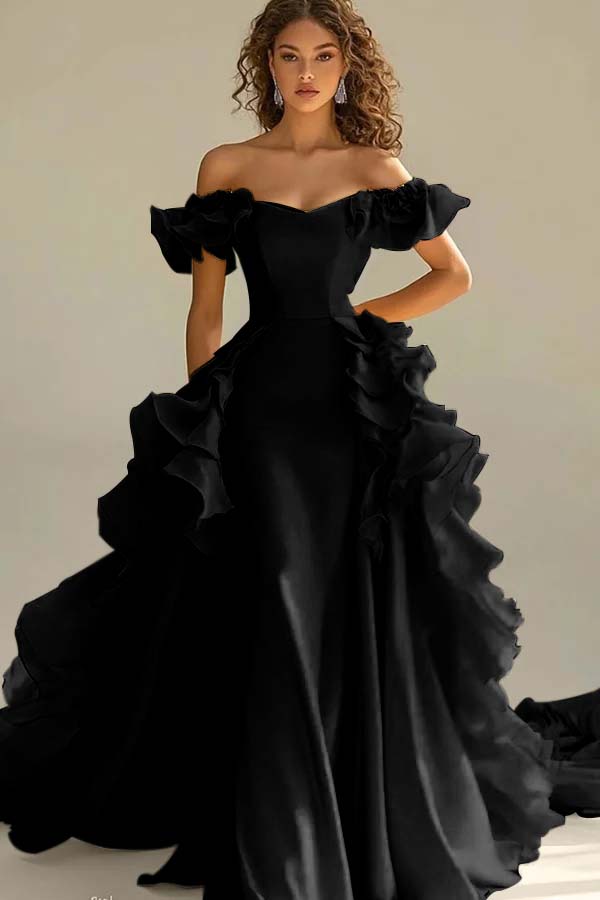 Yellow Sheath/Column Prom Dress Off the Shoulder Ruffled Evening Dress