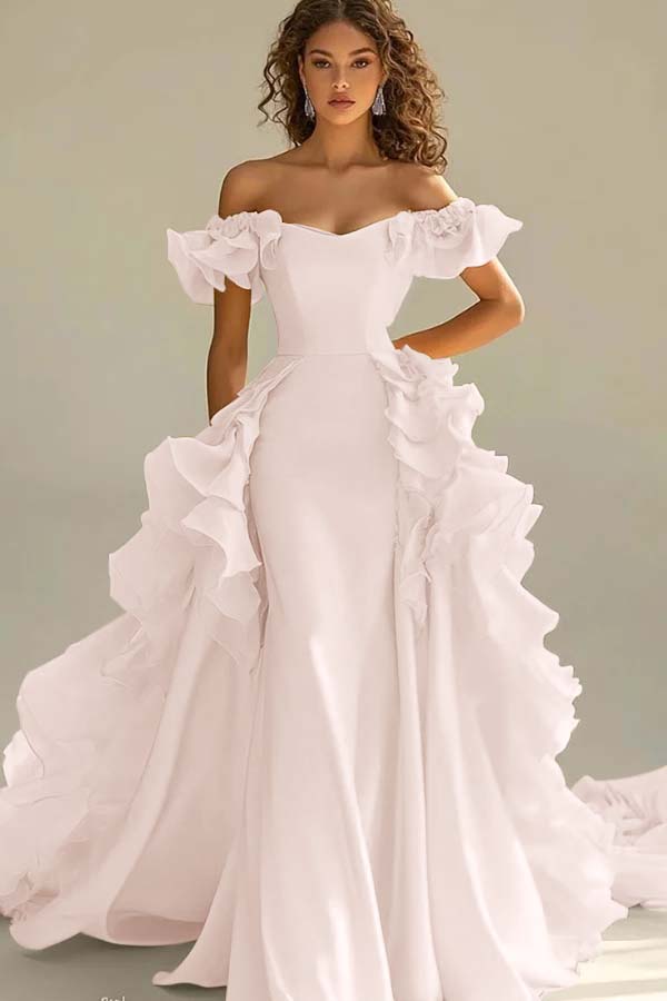 Yellow Sheath/Column Prom Dress Off the Shoulder Ruffled Evening Dress
