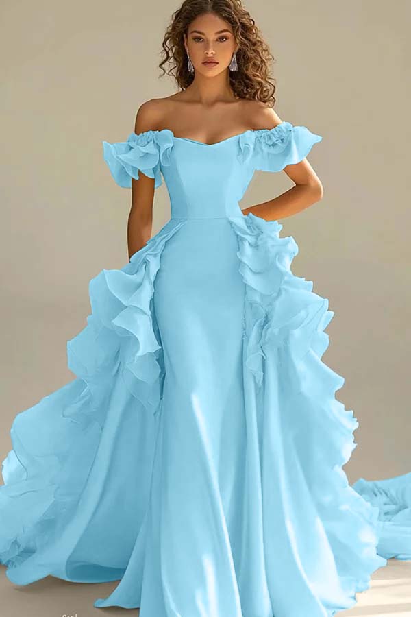 Yellow Sheath/Column Prom Dress Off the Shoulder Ruffled Evening Dress