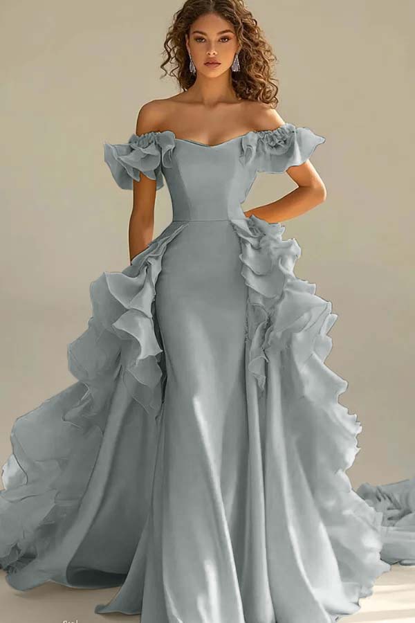 Yellow Sheath/Column Prom Dress Off the Shoulder Ruffled Evening Dress