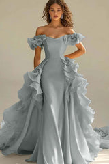 Yellow Sheath/Column Prom Dress Off the Shoulder Ruffled Evening Dress