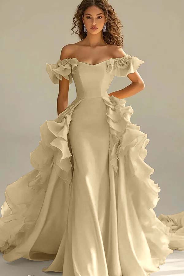 Yellow Sheath/Column Prom Dress Off the Shoulder Ruffled Evening Dress