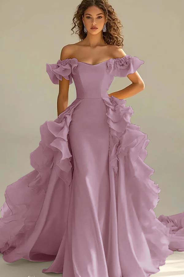 Yellow Sheath/Column Prom Dress Off the Shoulder Ruffled Evening Dress