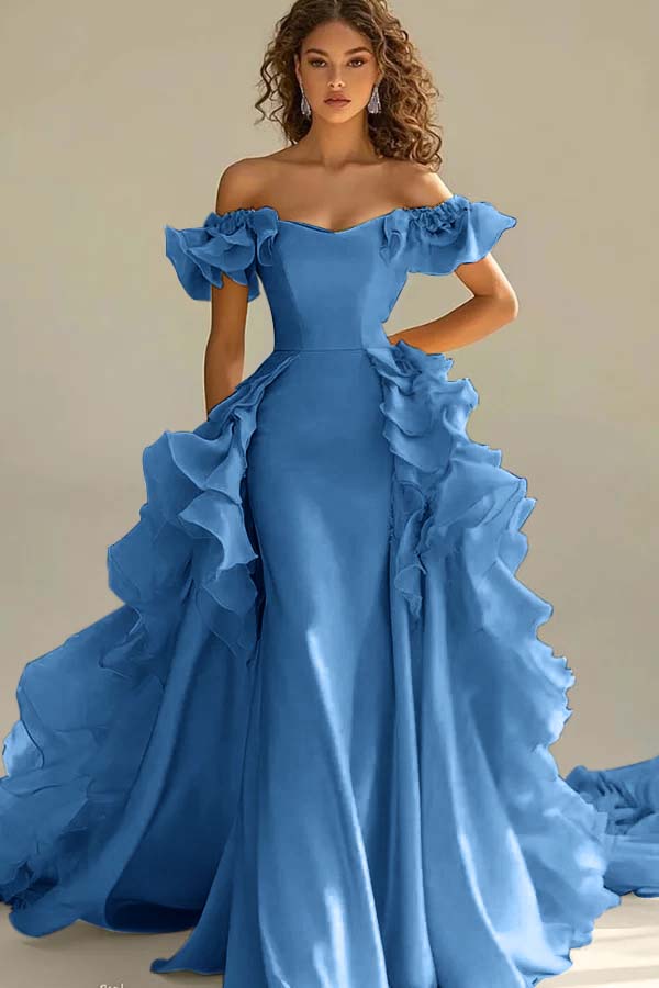 Yellow Sheath/Column Prom Dress Off the Shoulder Ruffled Evening Dress