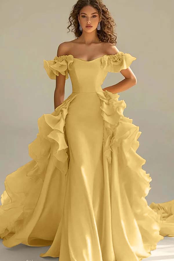Yellow Sheath/Column Prom Dress Off the Shoulder Ruffled Evening Dress
