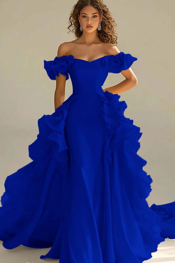 Yellow Sheath/Column Prom Dress Off the Shoulder Ruffled Evening Dress