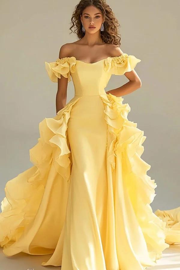 Yellow Sheath/Column Prom Dress Off the Shoulder Ruffled Evening Dress