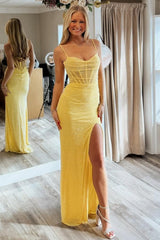 Yellow Spaghetti Straps Mermaid Gown With High Slit Prom Dress Formal Evening Gown