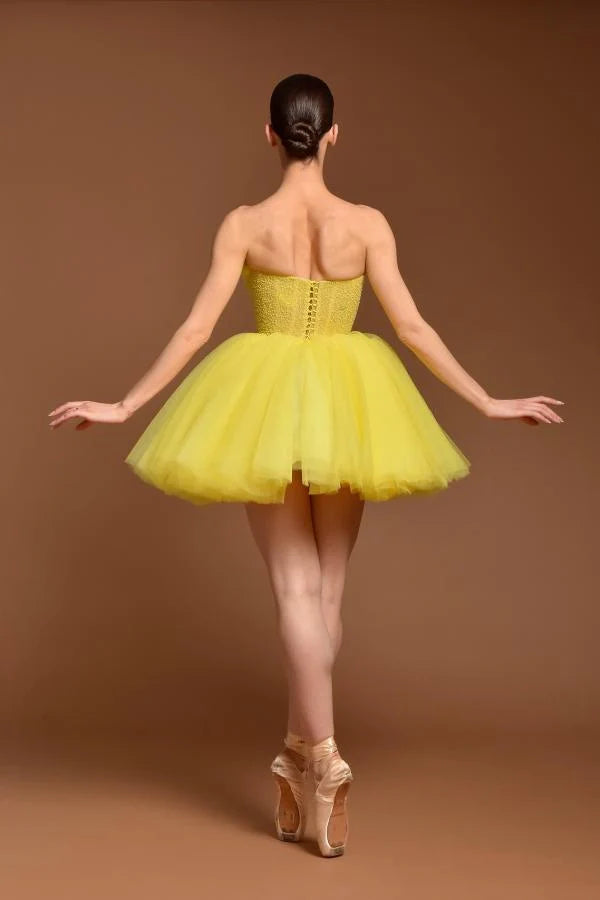 Yellow Strapless Graduation Dress A Line Tulle Short Cocktail Dresses