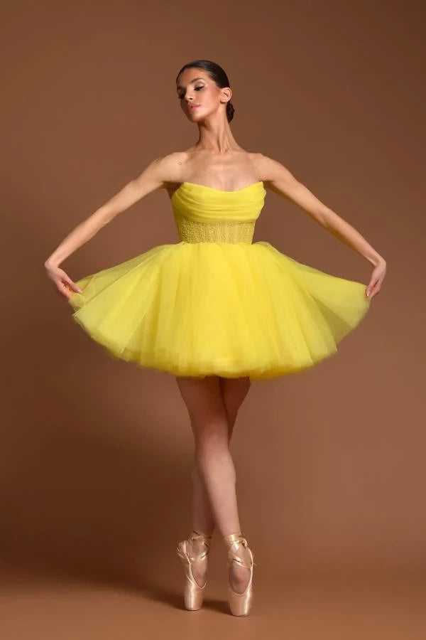 Dreamyannie UK Yellow Strapless Graduation Dress A Line Tulle Short Cocktail Dresses Dreamyannie UK Yellow Strapless Graduation Dress A Line Tulle Short Cocktail Dresses