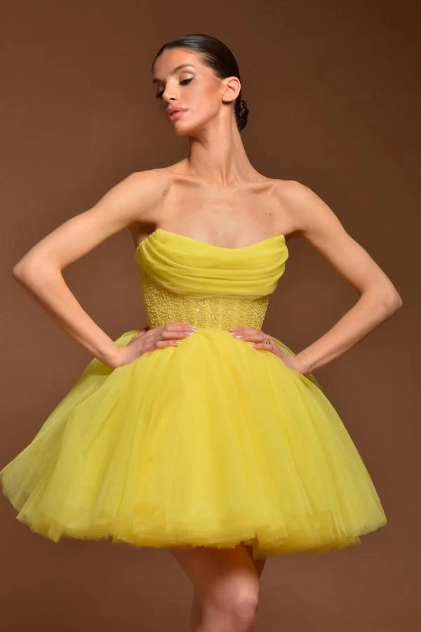 Yellow Strapless Graduation Dress A Line Tulle Short Cocktail Dresses