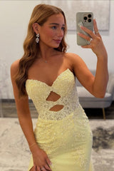 Dreamyannie Yellow Sweetheart Lace Up Cutout Prom Dress With Lace Details Formal Evening Gown