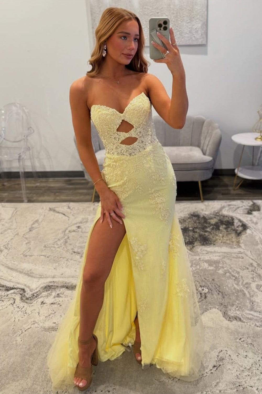 Dreamyannie Yellow Sweetheart Lace Up Cutout Prom Dress With Lace Details Formal Evening Gown