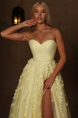 Yellow Tulle A Line Prom Dress with 3D Flowers and High Slit