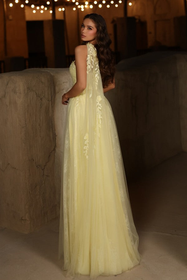 Yellow Tulle A-Line Prom Dress with One Shoulder and Floral Appliques