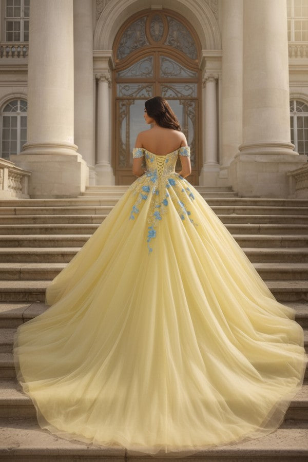 Yellow Tulle Ball Gown Prom Dress with Blue 3D Flowers