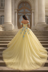 Yellow Tulle Ball Gown Prom Dress with Blue 3D Flowers