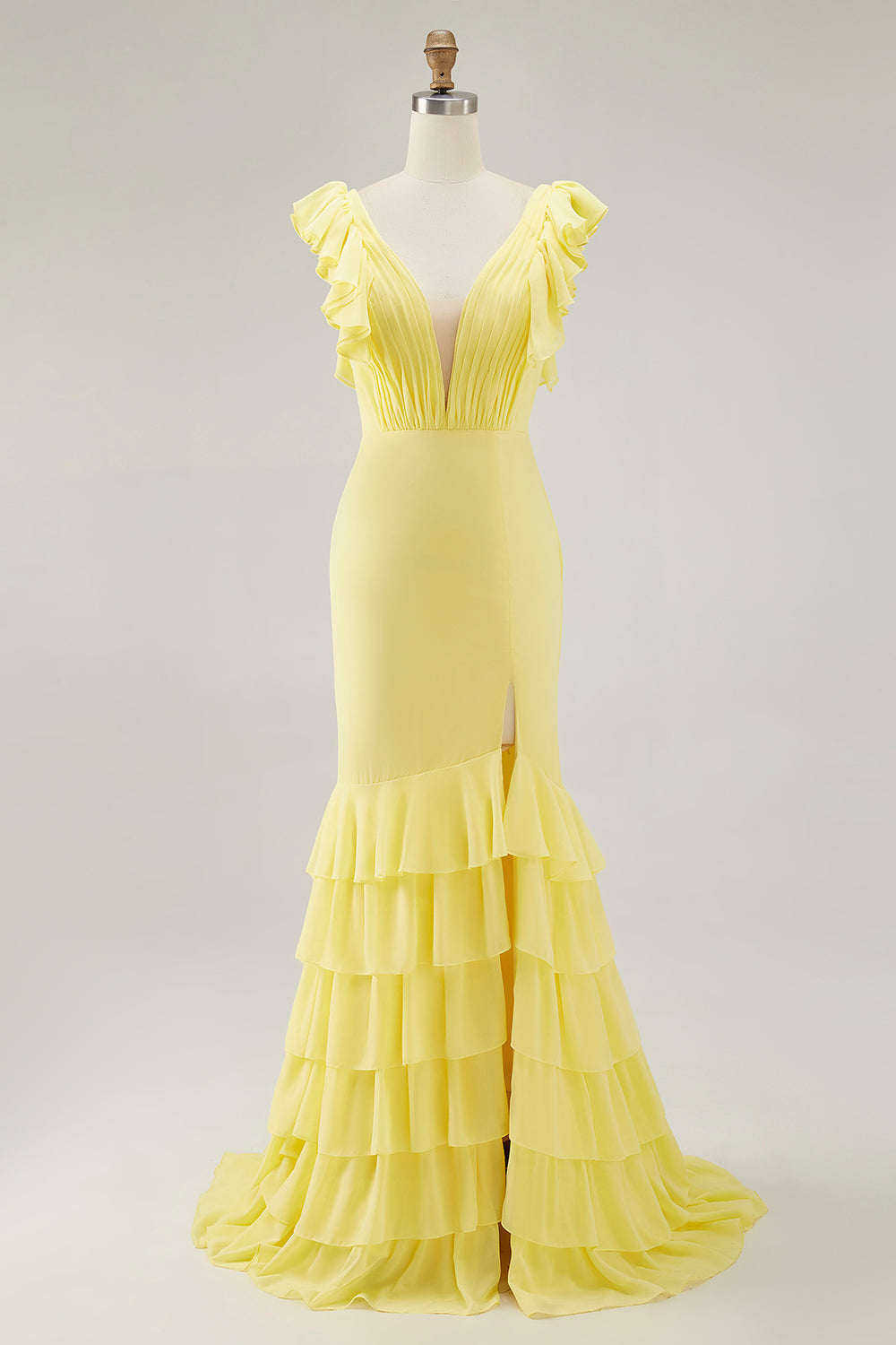 Yellow Wedding Guest Dress Chiffon V-Neck Long Mermaid Ruffles Evening Dress With Slit