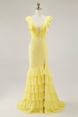 Yellow Wedding Guest Dress Chiffon V-Neck Long Mermaid Ruffles Evening Dress With Slit