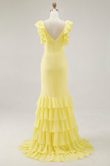 Yellow Wedding Guest Dress Chiffon V-Neck Long Mermaid Ruffles Evening Dress With Slit