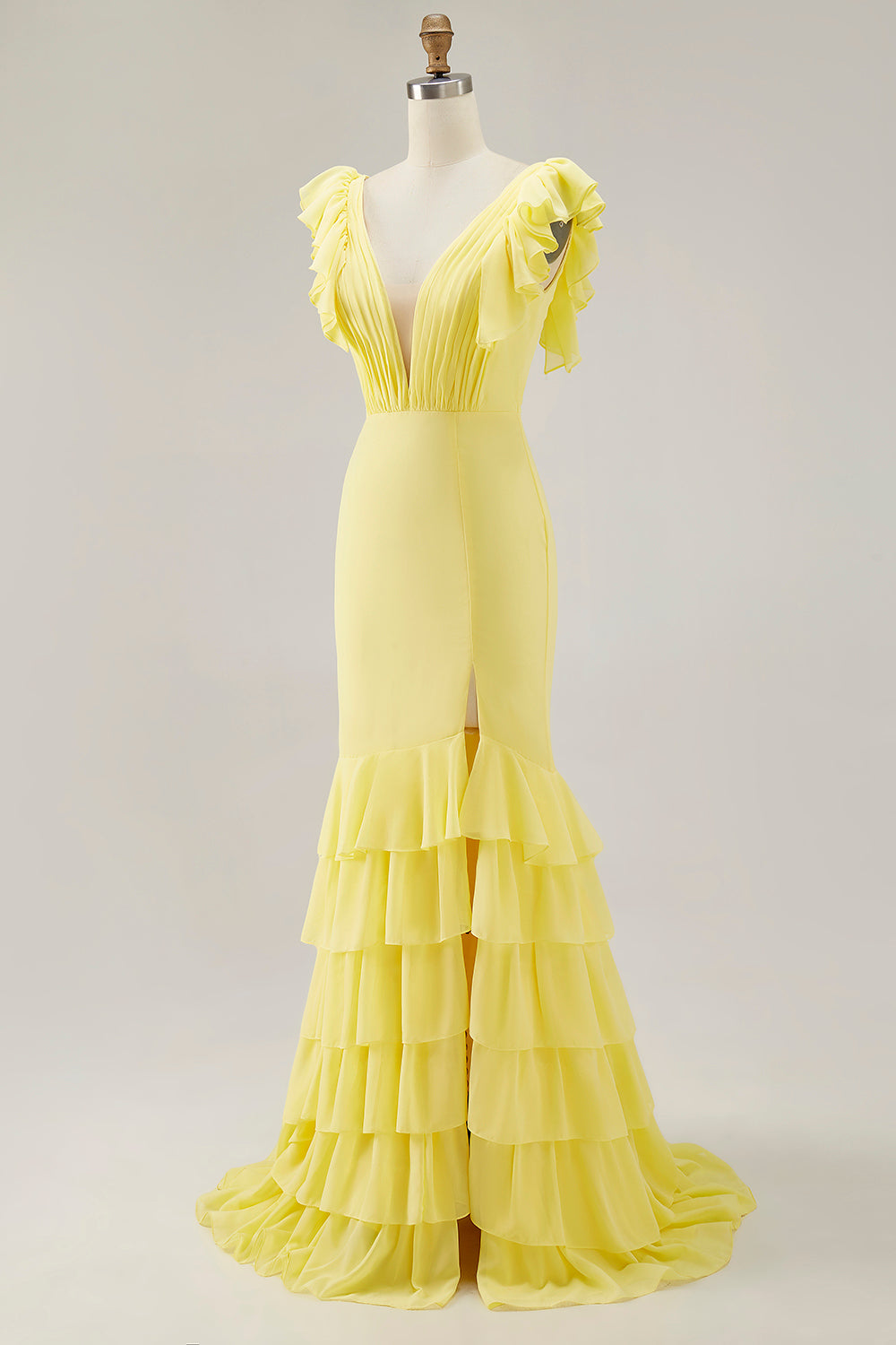 Yellow Wedding Guest Dress Chiffon V-Neck Long Mermaid Ruffles Evening Dress With Slit