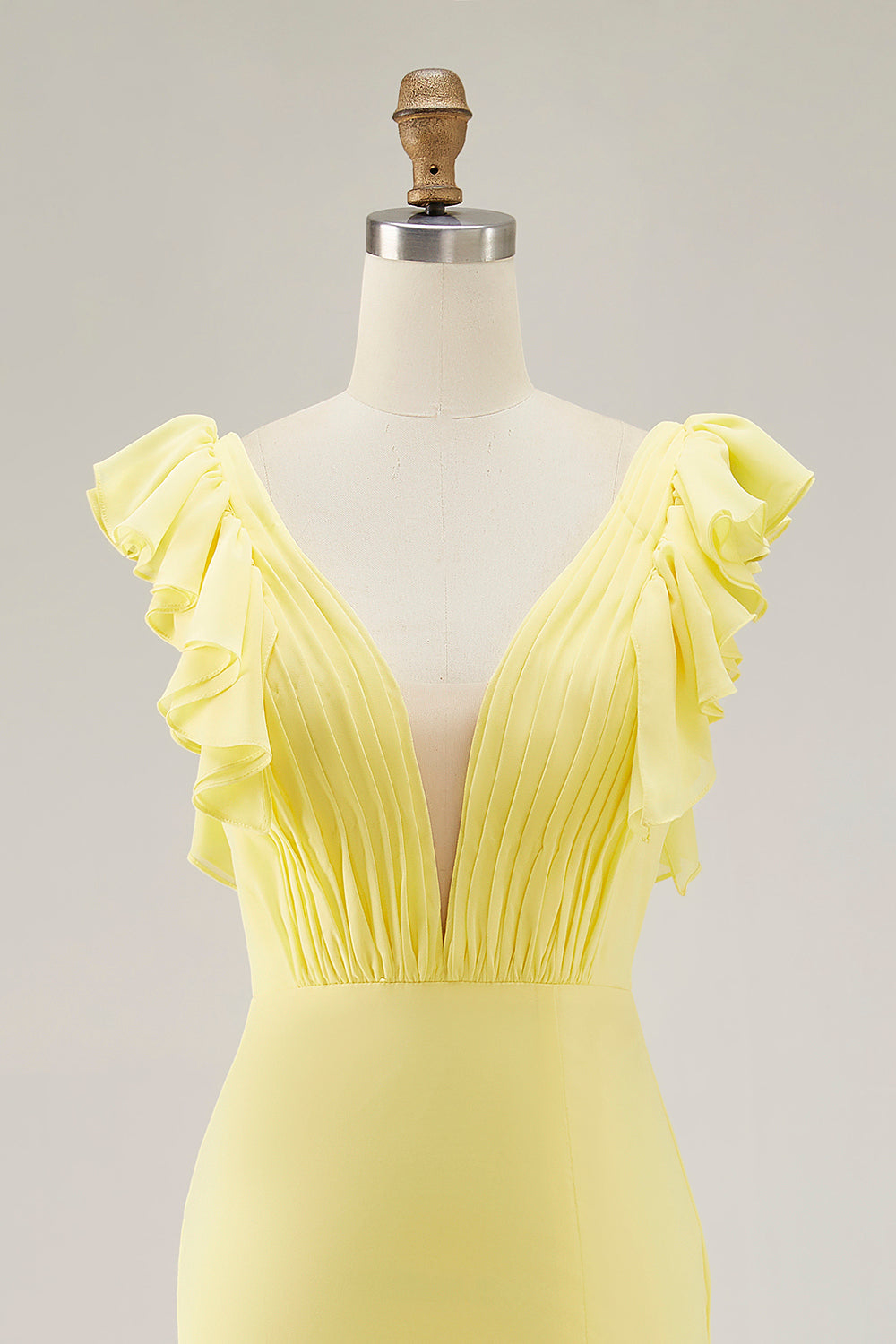 Yellow Wedding Guest Dress Chiffon V-Neck Long Mermaid Ruffles Evening Dress With Slit