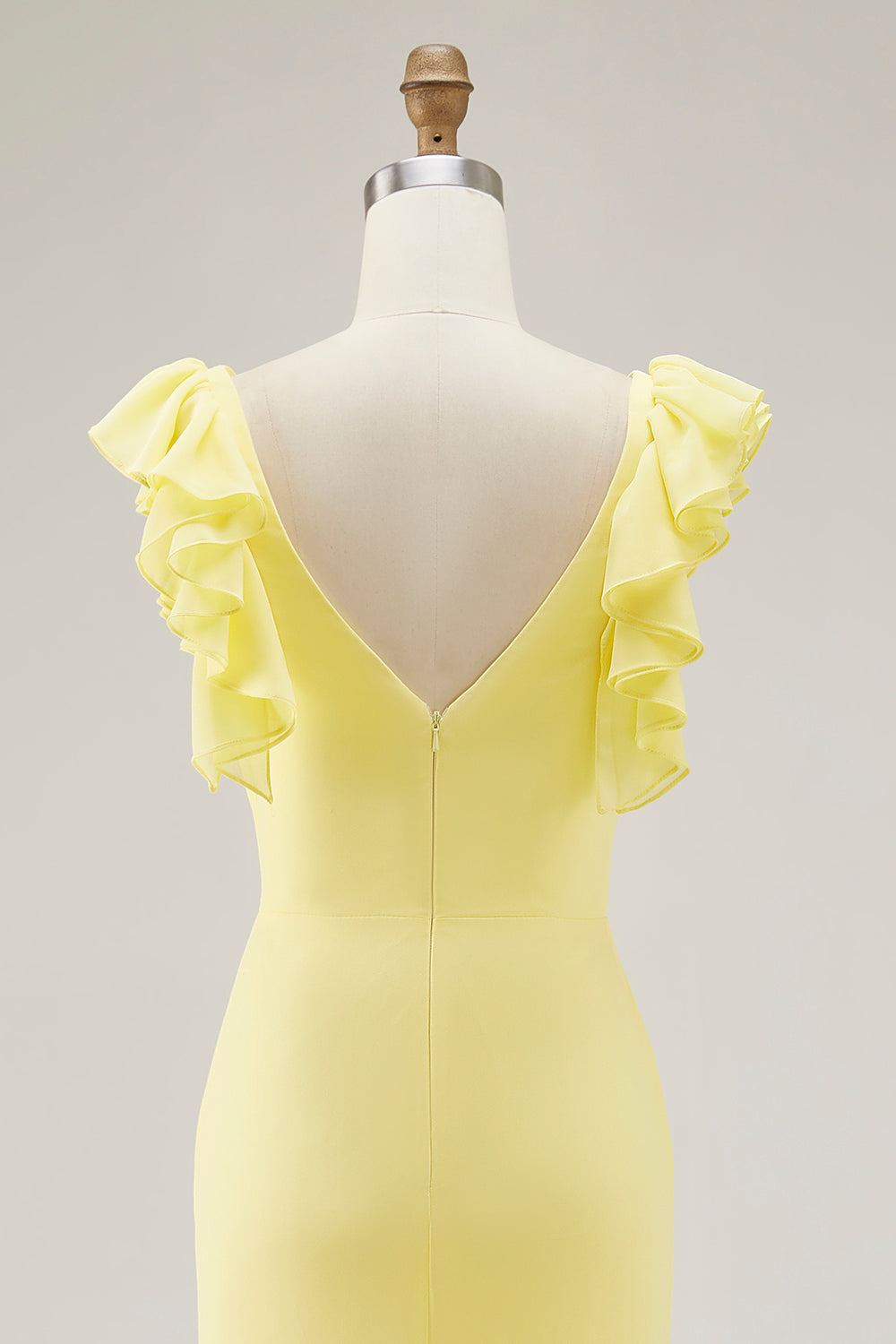 Yellow Wedding Guest Dress Chiffon V-Neck Long Mermaid Ruffles Evening Dress With Slit