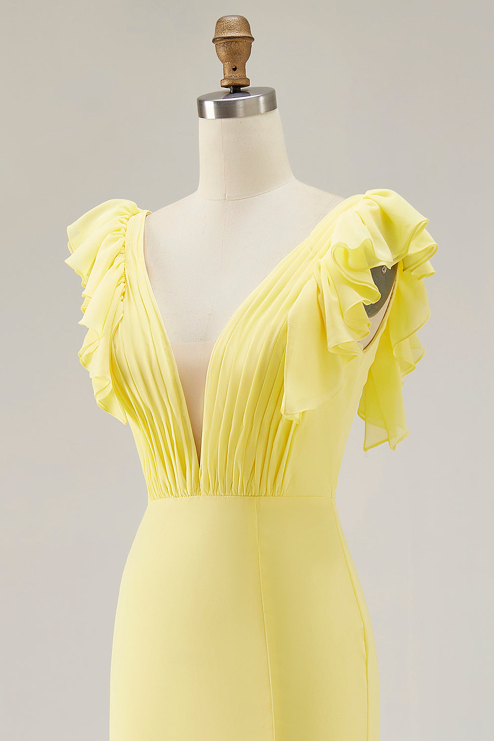 Yellow Wedding Guest Dress Chiffon V-Neck Long Mermaid Ruffles Evening Dress With Slit