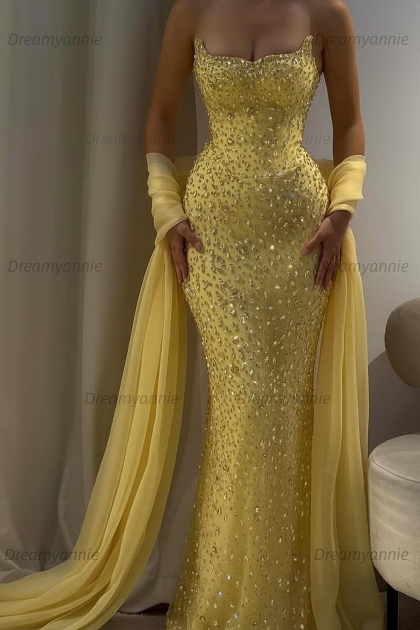 Pink Mermaid Prom Dress Strapless Beaded Evening Dress