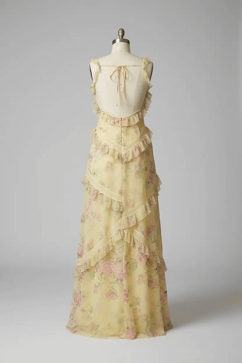 Yellow Floral Printed Prom Dress Sheath/Column Ruffled V Neck Formal Evening Dress