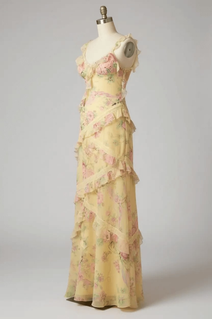 Yellow Floral Printed Prom Dress Sheath/Column Ruffled V Neck Formal Evening Dress